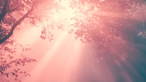 Soft sunrise rays drift gently through leafy forest branches