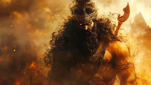 Mythic warlord emerging from blazing storm of embers.