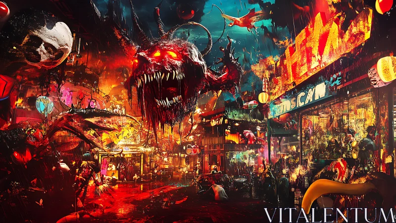 Demonic neon market under attack by monstrous void entity.