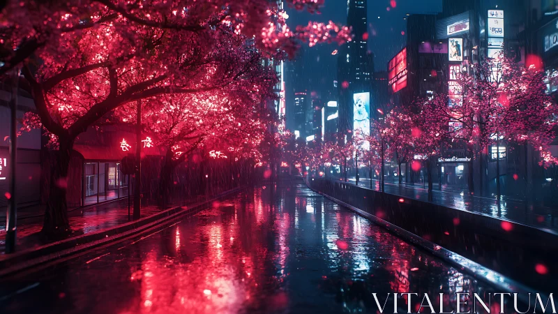 Neon cherry blossoms raining light over midnight avenue.