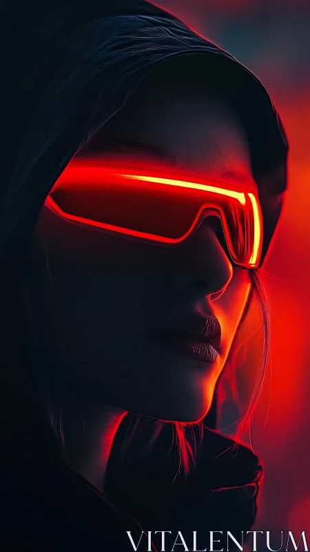 Side profile of hooded figure in red neon visor glasses.