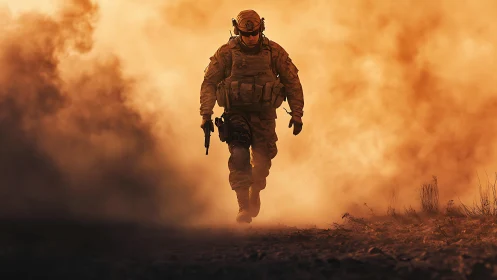 Calm soldier stepping forward through swirling desert dust.