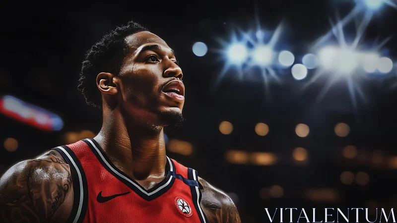 Basketball guard under arena lights in red jersey close-up