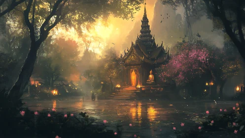 Luminous forest temple reflection with meditative Buddha iconography.