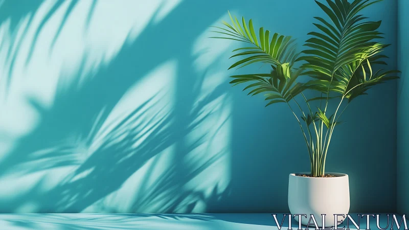 Palm foliage and refracted daylight in minimal corner study.