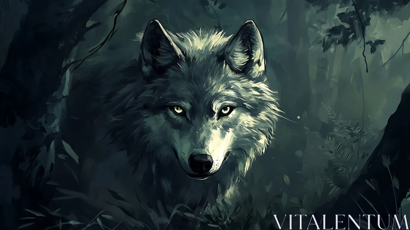 Lone wolf emerges from a shadowed forest in luminous silence