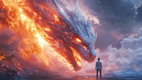 Thermal-plasma dragon confronting solitary human observer.