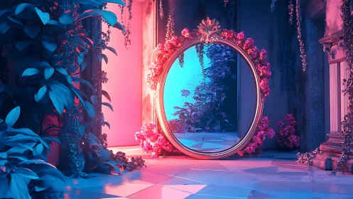 Enchanted floral portal glowing in neon twilight garden.