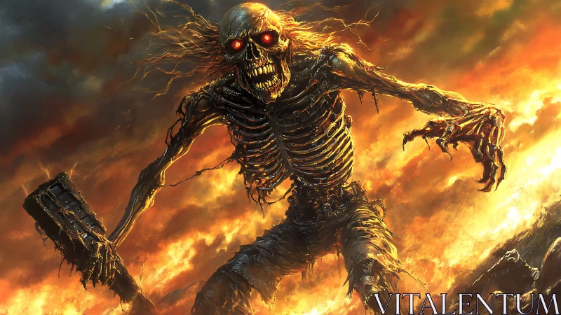 Fiery skeletal giant strides through a blazing inferno.