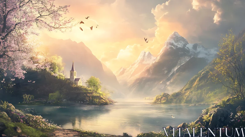 Idyllic alpine lake valley with chapel under warm volumetric light