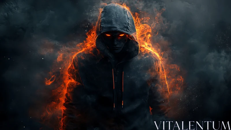 Hooded fire entity emerges from smoke with infernal intensity