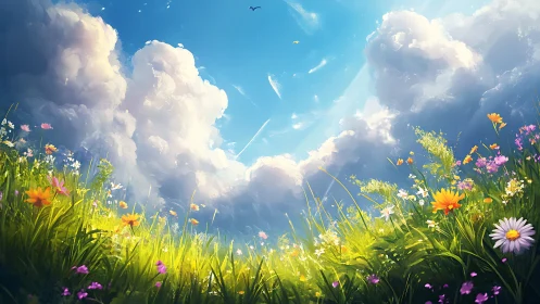 Sunlit meadow dreaming beneath cathedral clouds of summer.