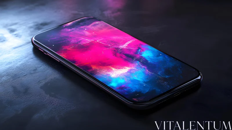 Modern smartphone on dark surface with vibrant galaxy wallpaper.