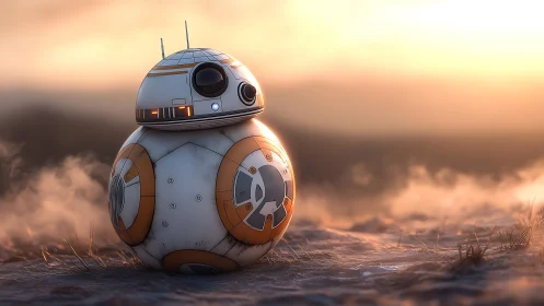 Spherical desert droid glows softly in warm sunset haze