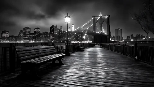 Long-exposure monochrome pier view toward illuminated suspension bridge