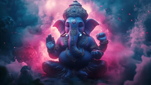 Gentle Ganesha statue glows softly in pink and blue mist