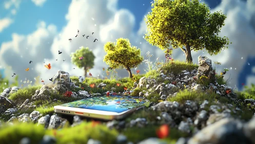 Smartphone portal merging lush meadow landscape and sky