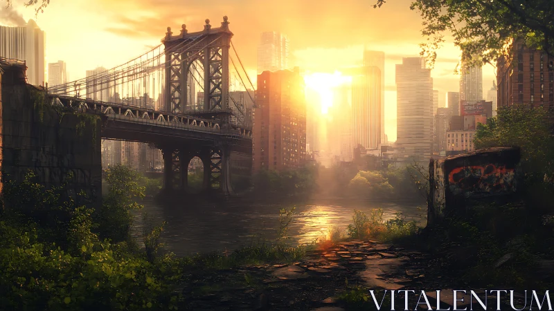 Overgrown riverside city bridge at warm sunset light.