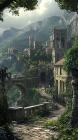 Medieval stone mountain village with overgrown path at dusk.