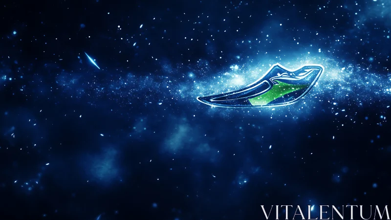 Neon green runner icon drifting through cosmic stardust.