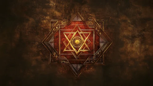 Golden sacred geometry mandala on weathered bronze field.