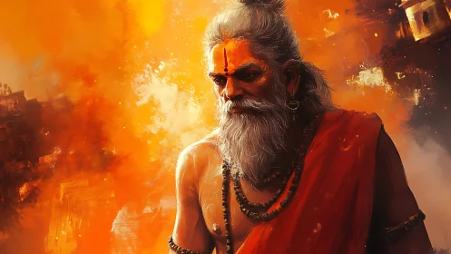 Fiery sage portrait in orange-toned spiritual ambiance.