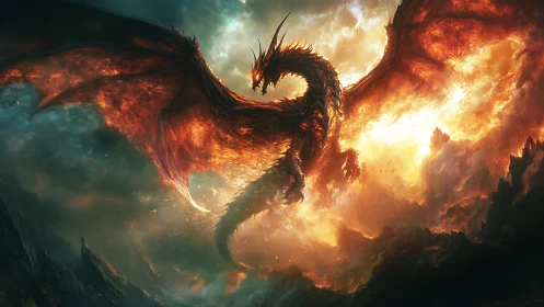 Fiery dragon dominates burning storm-filled fantasy sky.