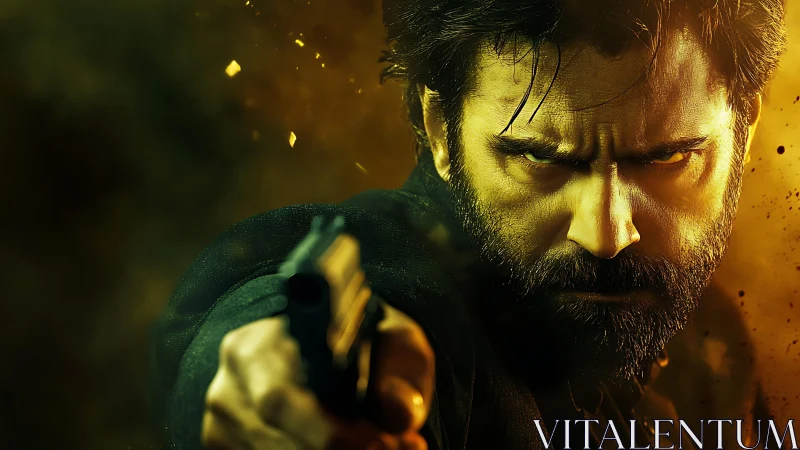 Cinematic close up action portrait with weapon focus framing.