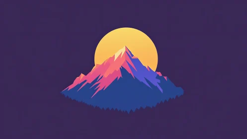 Geometric neon mountain silhouette intersects stylized digital sun