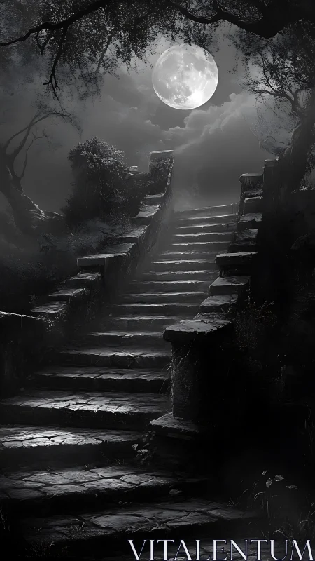 Moonlit stone stairway ascending through misted gothic forest.