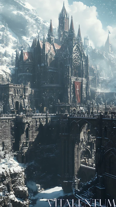 Gothic mountain fortress cathedral under winter snowfall.