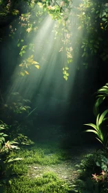 Sunlit jungle clearing with dappled moss path below canopy.