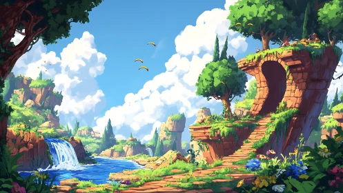 Stone arch terrace in stylized river valley landscape.