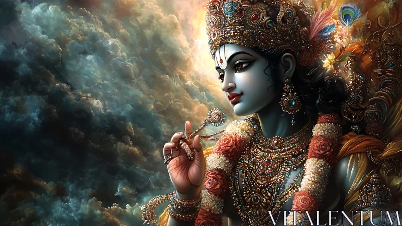 Divine blue-skinned deity in ornate jewelry against storm clouds.