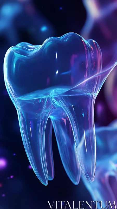 Transparent glass tooth glows in neon bioluminescent light.