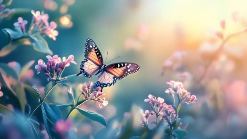 Monarch butterfly hovers above pastel spring blossoms.