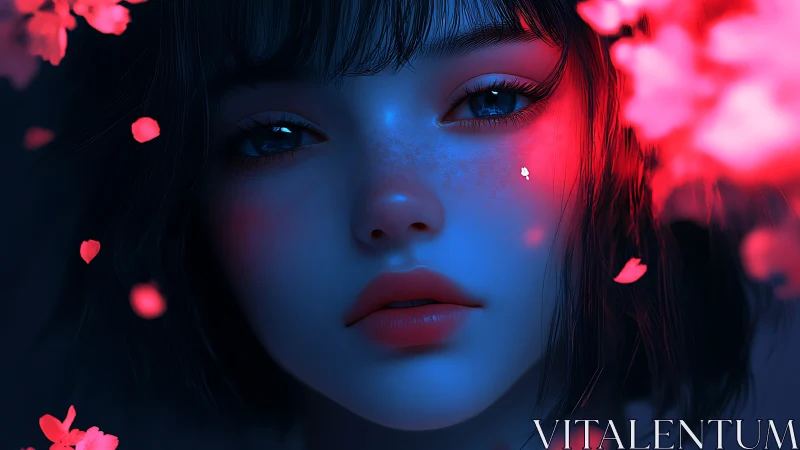 Blue lit girl portrait with pink petals and calm gaze.