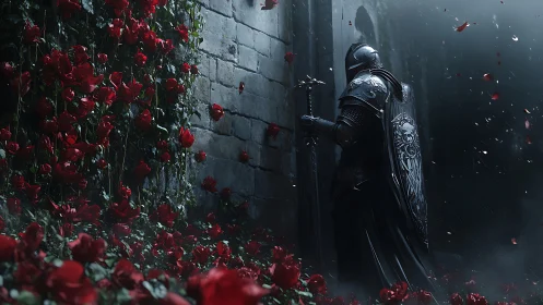 Armored knight stands by stone wall amid dense red roses
