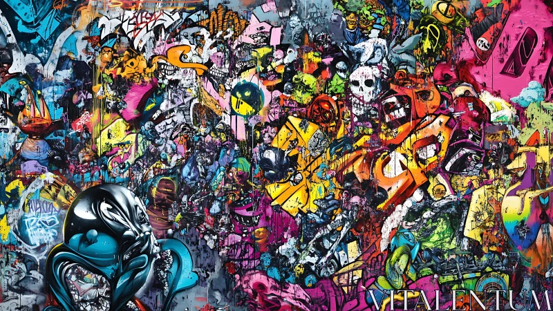 Dense multilayer graffiti collage integrates skull motifs and neon chromatic drips