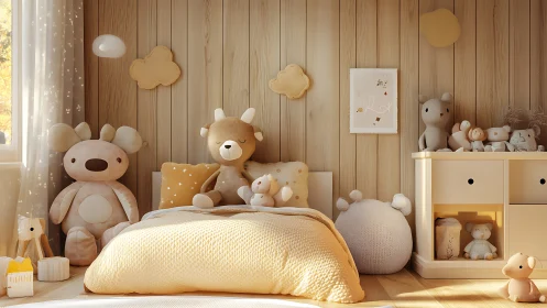 Neutral view of plush toys in softly lit child bedroom.