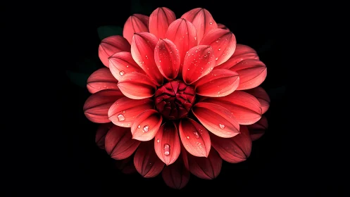 Red Dahlia with Water Droplets Against Black.
