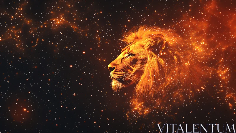 Fiery lion head emerging from glowing starfield nebula.
