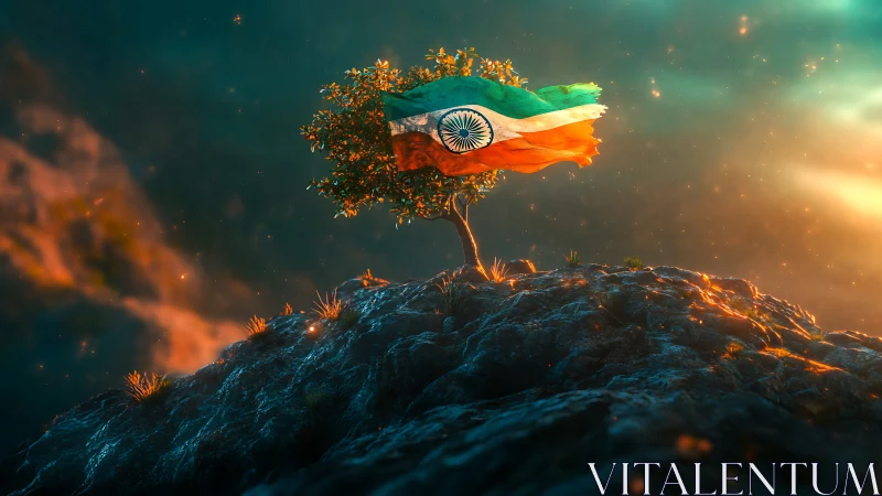 Lone hilltop tree bearing Indian flag in atmospheric backlight.
