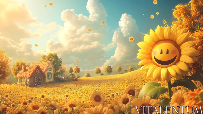 Smiling sunflower character in golden pastoral fantasy landscape.
