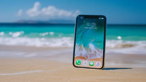 Smartphone positioned on beach sand with ocean background.