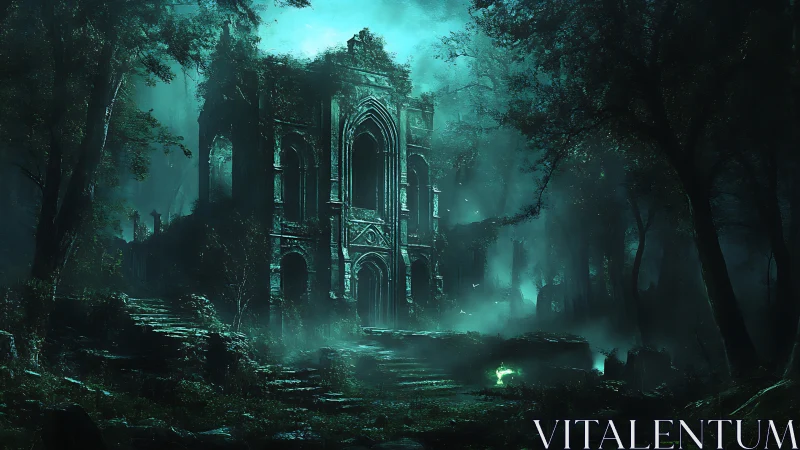 Ruined gothic cathedral in misty forest with bioluminescent glow