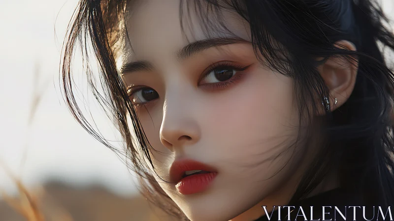 Soft wind lingers as sunset light sketches her calm gaze