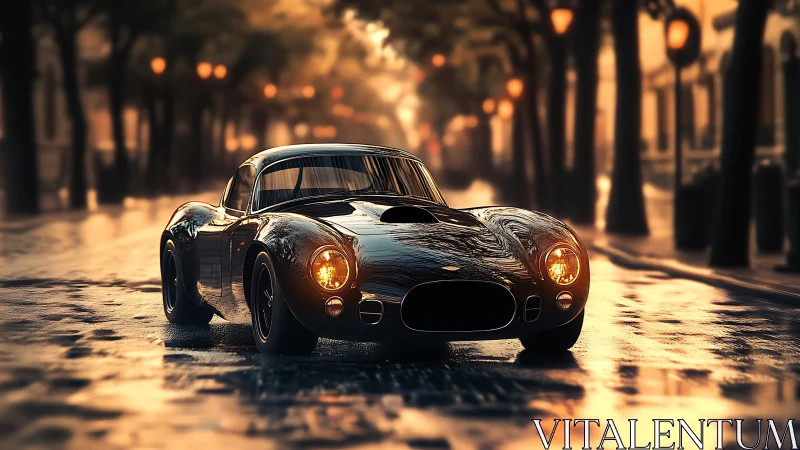 Classic coupe rendered on wet city street at dusk