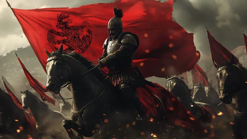 Gallant armored riders charging beneath blazing red banners.