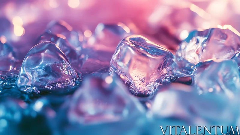Macro ice cubes under neon pink and blue lighting.